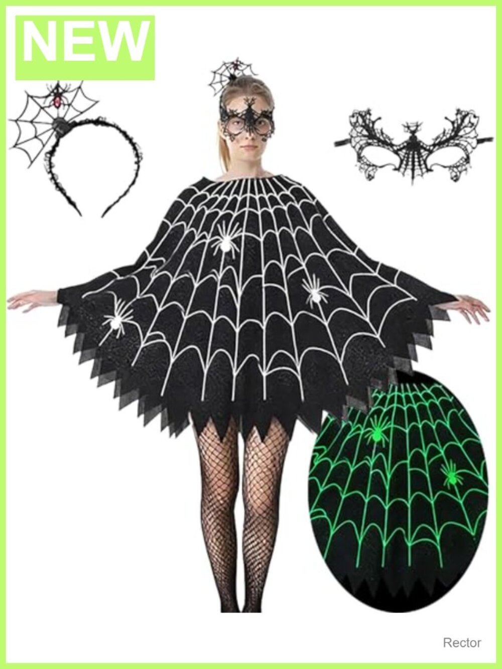 Spider Web Poncho Halloween Costume Set for Women with Mask and Headband